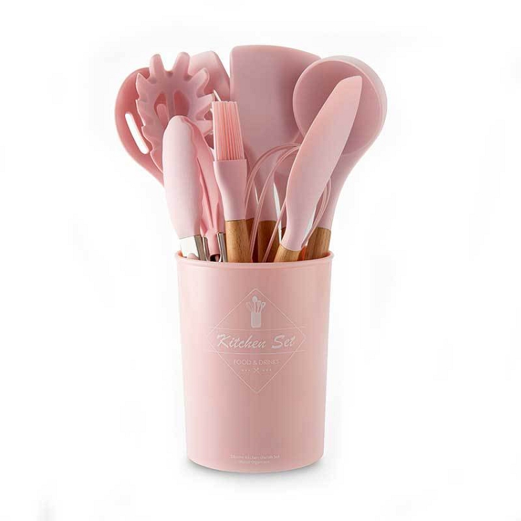 Cross-border beech handle with storage bucket Pink silicone kitchenware set 11 pieces of new color